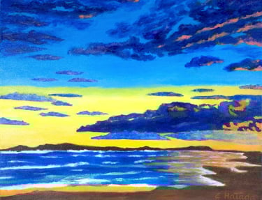 Acrylic painting of sunset on the beach with clouds