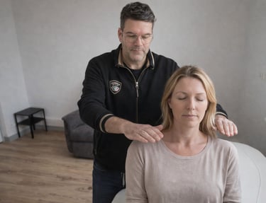 Thomas Beaucher en pleine séance de magnétisme avec une consultante assise