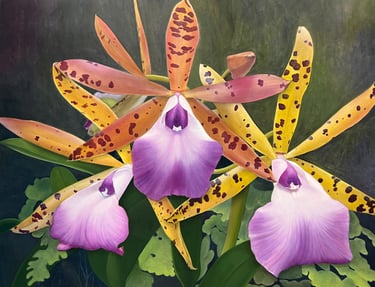 Majestic cluster orchid with ferns , monumental botanical realism by Christine Knize