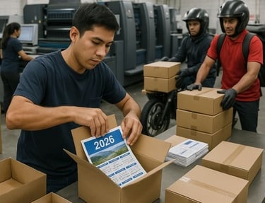 Imprenta en Lima preparando calendarios personalizados 2026 para entrega urgente, con personal embalando cajas y ambiente de