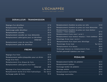 Grille tarifaire Atelier réparation vélo à La Croix-Valmer