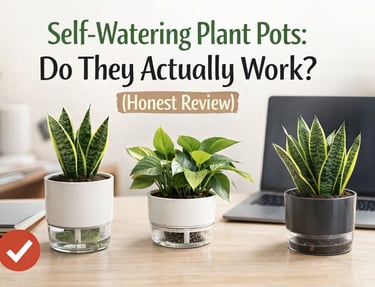 self-watering pots with green plants