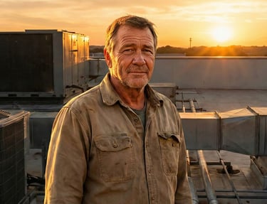 An HVAC business owner standing on a rooftop at sunset, symbolizing a successful business exit and retirement.