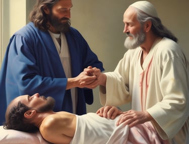 a man in a robe is holding a man's hand
