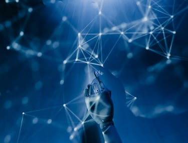 AI hand touching a digital neural network, symbolizing data-driven leadership analytics