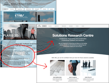 Screenshot of old and new SRC homepage to show movement of About Us to above the fold