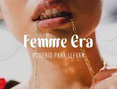 Imagen de portada del branding de Femme Era mostrando una mujer con un collar en la boca y el logotipo de la marca