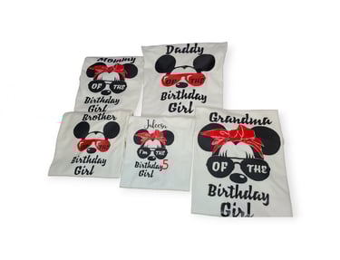 a set of family birthday party t-shirts with a minnie mouse theme.