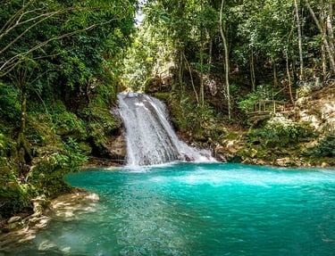 Beautiful travel destinations in Jamaica with waterfalls and coastlines