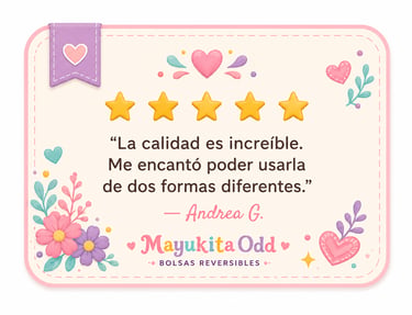 Opinión de cinco estrellas de un cliente sobre los bolsos reversibles Mayukita Odd.