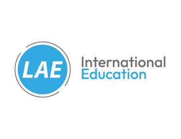 LAE International Education logo with blue circle and gray text on a black background.