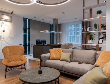 fresh and tidy open concept living room and kitchen after residential deep cleaning service