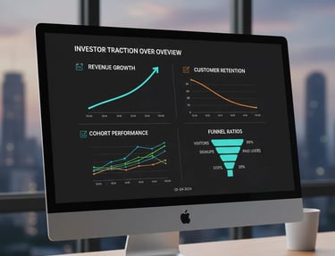 Set of clean traction visuals showing growth curves, retention, cohorts, and funnel metrics.