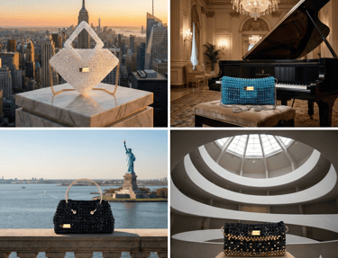 MGG New York handmade crystal beaded handbags in luxury settings.