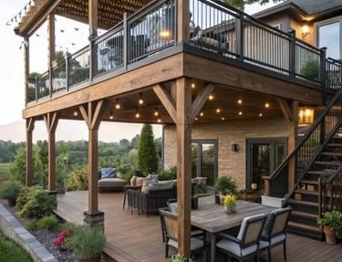 Two-level wooden deck with pergola, outdoor seating, stairs, and string lighting attached to a house