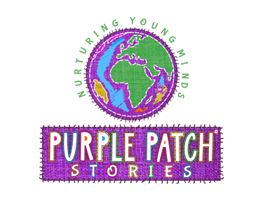 Purple Patch Stories logo featuring a vibrant, multicoloured design with playful lettering. Beside i