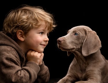 un enfant et un chiot braque de weimar, deux camarades inseparables