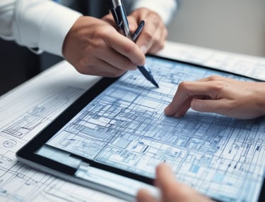 A civil engineer reviewing blueprints on a construction site with modern buildings in the background.