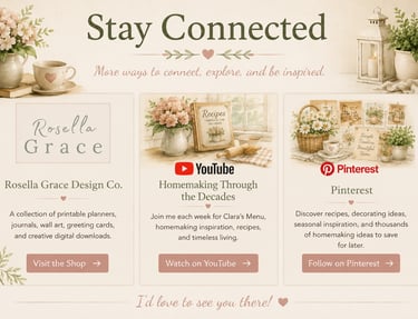 Vintage style banner for Rosella Grace Design Co. featuring links to shop, YouTube, and Pinterest.