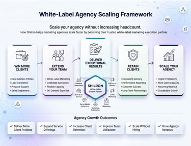 A white-label agency scaling framework infographic showing steps to grow a marketing agency without hiring.