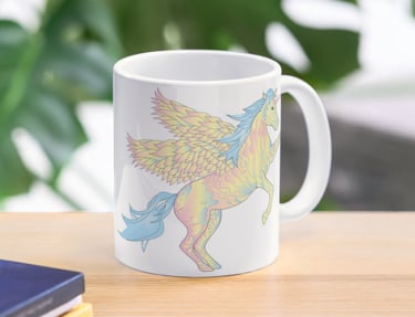 a mug cup of coffee with a colorful pegacorn on it