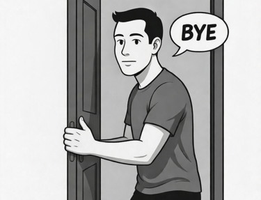 cartoon male closing door with bye in a speech bubble