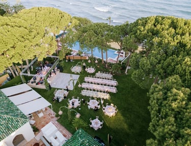 Aerial view of beachfront wedding layout under pine trees