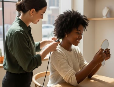 a woman is shown in a photo while a woman is combing her hair