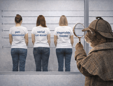 A cat detective in a trench coat investigates a three women wearing funny pet t-shirts