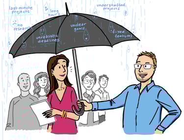 Illustration of a design leader holding an umbrella over his team