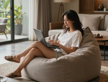 A young woman using a laptop while relaxing in a grey bean bag chair in a modern living room.