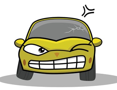 Cartoon car that is angrey at its broken windshield.
