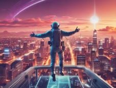 a man standing on a ledge above a city