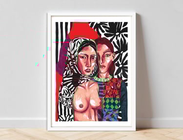 a painting of a woman with a red hat