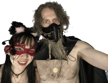 an interracial couple in cosplay facing the camera