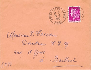 Brief bis 20 g von FLETRE (CP Nr. 2) nach PARIS, frankiert mit 30 c (Tarif vom 01.08.1966).