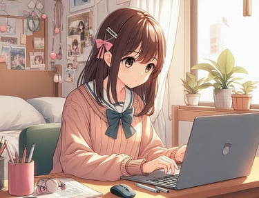 imagem estilo anime de uma garota em seu quarto escrevendo em seu notebook