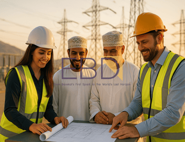 Energy Barekat Development team reviewing drw at an Oman electrical substation, showcasing renewable energy & grid project