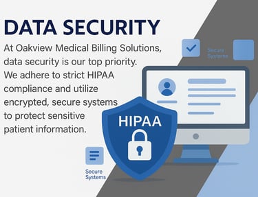 A promotional banner for Oakview Medical Billing Solutions emphasizing data security. The text highl