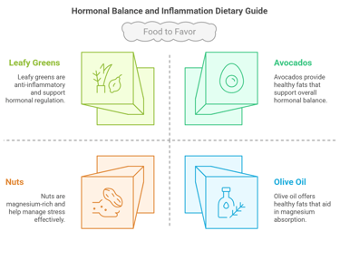 a diagram of food to favor in hormonal balance and inflammation dietary guide