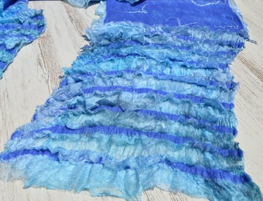 Handmade blue ruffled silk scarf with nuno felted wool texture 