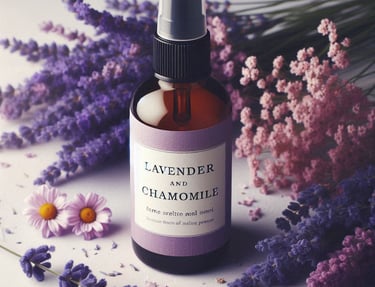 a small spray bottle of lavender and chamomile , with lavender and chamomile flowers around it
