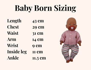 A sizing chart for Baby Born dolls
