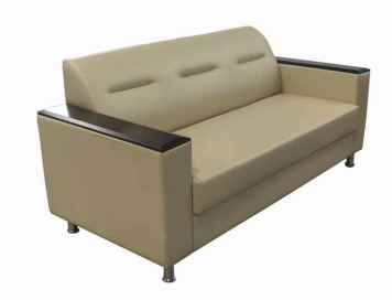 Modern beige leather office sofa with dark wood armrests and silver metal legs on white background.