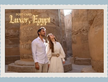 A couple admires the ancient hieroglyphics on stone columns at the Karnak Temple in Luxor, Egypt.