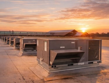Industrial rooftop HVAC units installed on a commercial building at sunset.