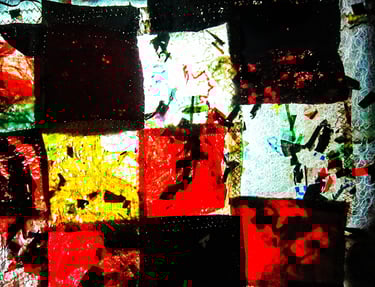 Red abstract patchwork motif from recycle plastic ironed 