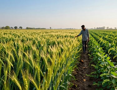 A farmer inspecting rows of healthy plants growing from quality seeds.