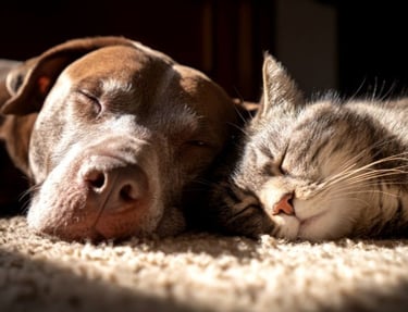 A dog and cat sleeping peacefully next to each other in the sun.