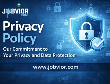 Privacy Policy banner for Jobvior.com featuring the Jobvior logo in the top left, large “Privacy Pol